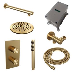 Regendoucheset Inbouw Brauer Gold Carving Thermostatisch 20 cm met 3-Weg Omstelling, Wandarm en Staaf Handdouche Geborsteld Goud Brauer