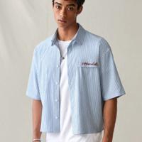 Bon&Bon Men's Striped Short Sleeve Shirt | Loose Fit Casual Blue Top Blue and White / M