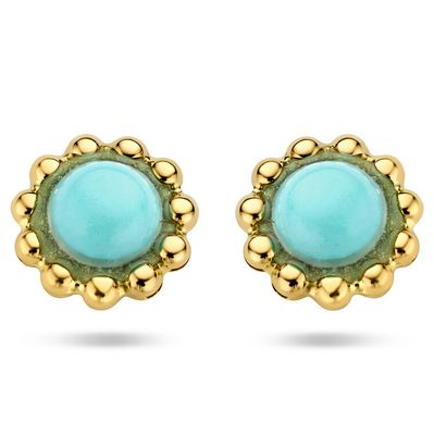 Oorknoppen Fantasie geelgoud-synth. turquoise blauwgroen 7 mm