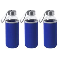 3x Stuks glazen waterfles/drinkfles met blauwe softshell bescherm hoes 420 ml