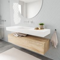 Mondiaz Alan badmeubel 150 cm washed oak 1 lade vrijhangend wastafel midden zonder kraangat wit