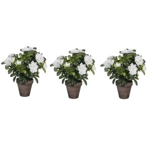 3x Groene Azalea kunstplant witte bloemen 27 cm in pot stan grey   -