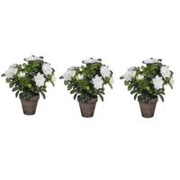 3x Groene Azalea kunstplant witte bloemen 27 cm in pot stan grey   -