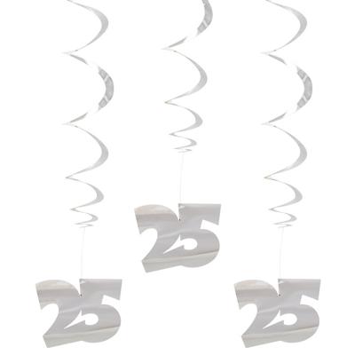 Hangdecoratie 25 jaar - 3x st - zilver - rotorspiralen - 25e Jubileum versiering