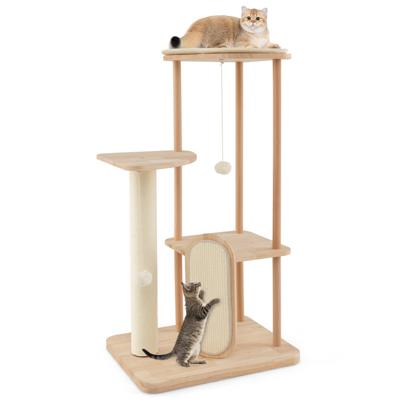 Houten Krabpaal Kattentoren met Meerdere Niveaus Krabplank Sisalpalen Gevoerde Zitting Platforms en Hangend Speelgoed