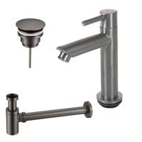 Fortifura Calvi fonteinkraanset met staande fonteinkraan laag, always open plug en design sifon PVD Geborsteld Geborsteld Gunmetal PVD SW696239 / SW769487 / SW767295