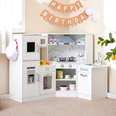 Kinderkeuken voor Kinderen 3+ Hout Speelkeuken met Licht en Geluid Houten Keuken Hoek met Bord Incl. Accessoires (Wit)