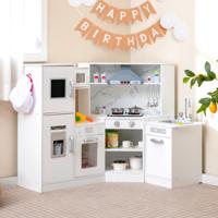 Kinderkeuken voor Kinderen 3+ Hout Speelkeuken met Licht en Geluid Houten Keuken Hoek met Bord Incl. Accessoires (Wit)