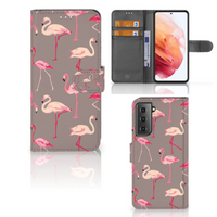 Samsung Galaxy S21 Telefoonhoesje met Pasjes Flamingo - thumbnail