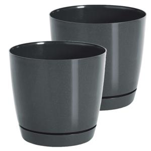 Plantenpot/bloempot met opvangschaal - Set van 2x stuks - kunststof - antraciet - D21 x H19 cm - bin