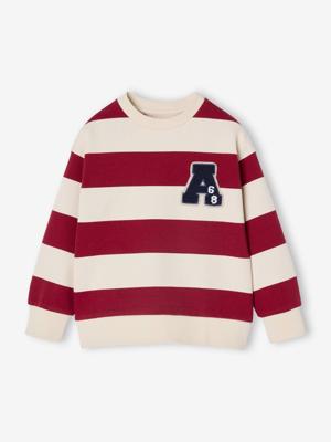Groot gestreept jongenssweatshirt met badge in bouclé rood, gestreept