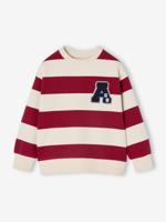 Groot gestreept jongenssweatshirt met badge in bouclé rood, gestreept
