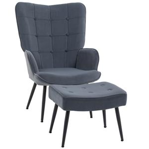 HOMCOM Fauteuil met ottomaan, relaxfauteuil. Knoopsteek, donkergrijs.