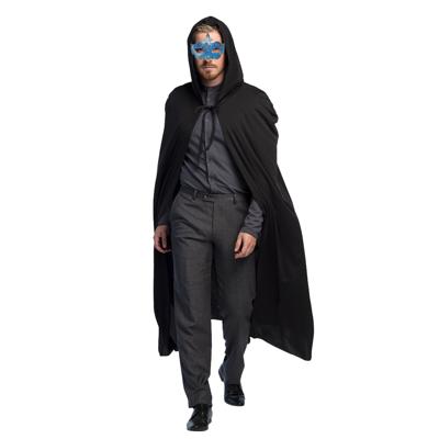 Venetiaans Gemaskerd bal verkleedkleding - Met oogmasker blauw - Lange mantel zwart - met capuchon