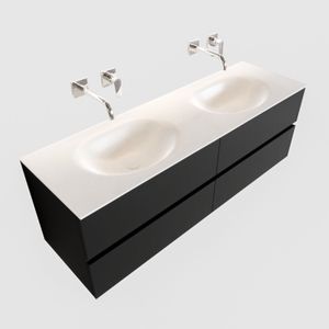 Badkamermeubel Solid Surface BWS Stockholm 150x45 cm Mat Zwart Urban Dubbel (0 kraangaten, 4 lades)