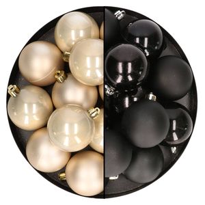 24x stuks kunststof kerstballen mix van champagne en zwart 6 cm - Kerstbal