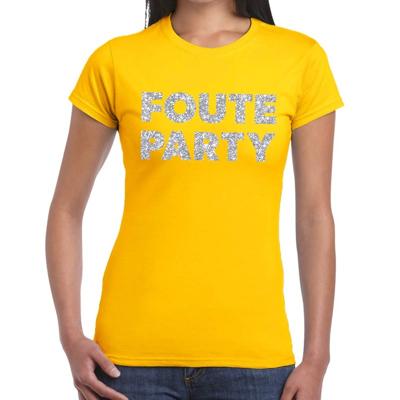 Foute Party verkleed t-shirt - zilveren glitter tekst - geel - voor dames - Party kleding