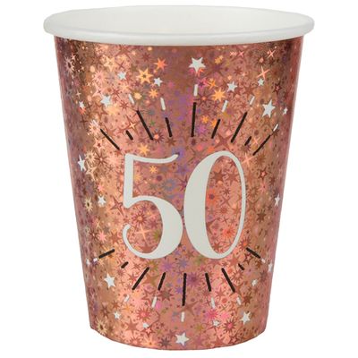 Verjaardag feest bekertjes leeftijd - 10x - 50 jaar - rose goud - karton - 270 ml