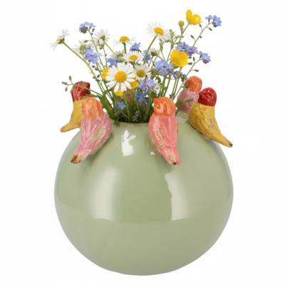 Vaas Spring birds - pistache groen - keramiek - D24 x H24 cm - bloemenvaas