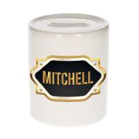 Spaarpot met voornaam Mitchell - wit - goud/zwart embleem - 8 x 9 cm - keramiek - afsluitdop