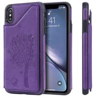 Voor iPhone XS Max kat boom reliëf patroon schokbestendige beschermhoes met kaartsleuven & fotolijstjes (paars)
