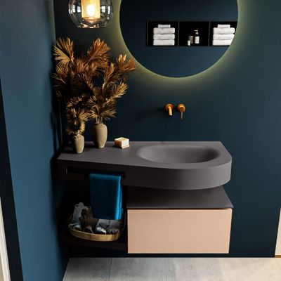 MONDIAZ RIVA 100cm badmeubel onderkast / planchet kleur Rosee met 1 lade. Wastafel DULCET rechts 0 kraangaten kleur Dark_Grey.