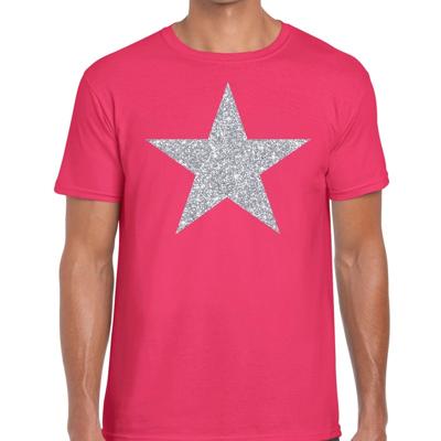 De Ster van de show - verkleed t-shirt - roze - met zilveren ster in glitters - heren - glamour