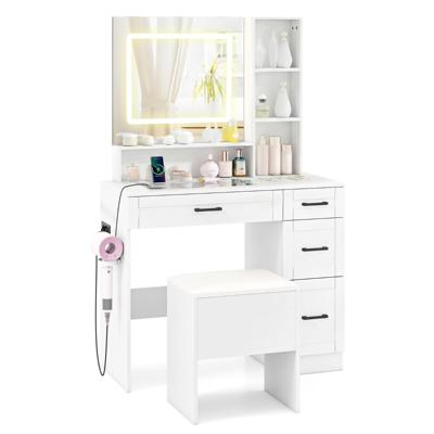 Make-uptafel met Spiegel en Verlichting Make-uptafel Set met Kruk Stopcontacten Glazen Blad 3 Instelbare Lichtkleuren Wit