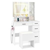 Make-uptafel met Spiegel en Verlichting Make-uptafel Set met Kruk Stopcontacten Glazen Blad 3 Instelbare Lichtkleuren Wit