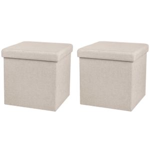 Poef/hocker - 2x - opbergbox zit krukje - beige - linnen/mdf - 37 x 37 cm - opvouwbaar