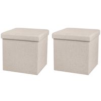 Poef/hocker - 2x - opbergbox zit krukje - beige - linnen/mdf - 37 x 37 cm - opvouwbaar