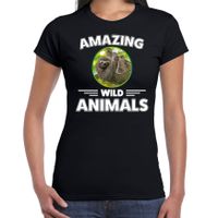 T-shirt luiaarden amazing wild animals / dieren zwart voor dames
