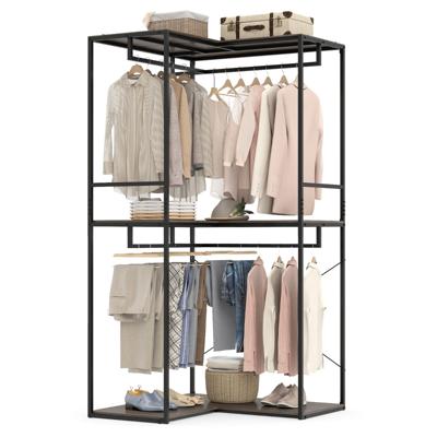 L-vormige Kledingstandaard Kapstok met 3 Legplanken en 4 Kledingstangen Houten Hoekkapstok