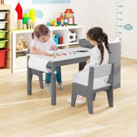 Kindertafel en Stoelenset Tekentafel met 2 Stoelen Papierhouder en Rol 4 Stoffen Bakken Open Planken Activiteitentafel voor de Speelkamer