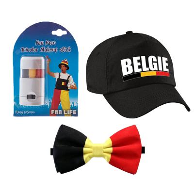 Belgie supporters set - baseballcap zwart - met vlag schminkstift - strikje - volwassenen - landen