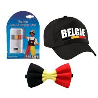 Belgie supporters set - baseballcap zwart - met vlag schminkstift - strikje - volwassenen - landen