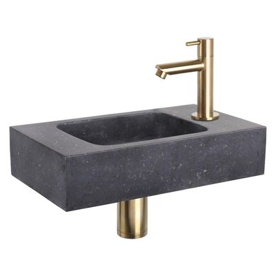 Differnz Force fonteinset - 40x22x9cm - Rechthoek - 1 kraangat - Recht matte goude kraan - Natuursteen Zwart 38.400.47