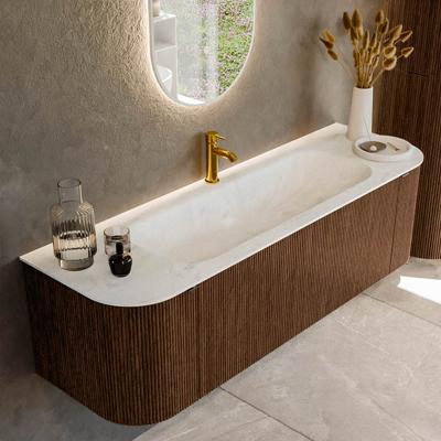 Badmeubel Mondiaz Kurve-Dlux | 150 cm | Meubelkleur Walnut | Wastafelkleur Opalo | Solid surface | Midden spoelbak | 1 kraangat