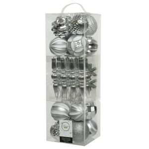 60x stuks kunststof kerstballen en ornamenten zilver mix