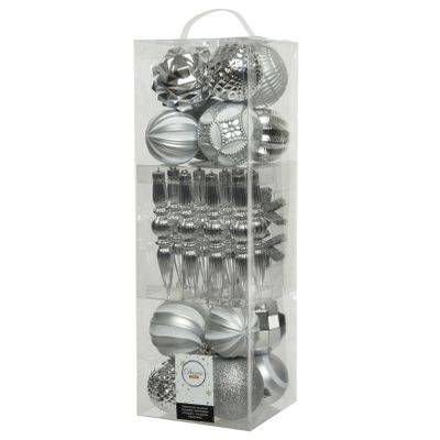 60x stuks kunststof kerstballen en ornamenten zilver mix