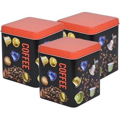 Excellent Houseware Koffie cupjes bewaarblik - 3x - zwart - cupjes en bonen print - 10 x 10 x 12 cm