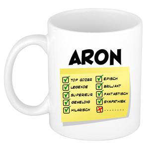 Naam mok Aron - wit - top gozer - keramiek - 300 ml - cadeau collega beker