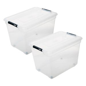 5Five opberg kist met deksel - 2x - Box - 100 liter - 67 x 48 x 46 cm - kunststof - transparant