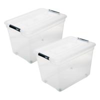 5Five opberg kist met deksel - 2x - Box - 100 liter - 67 x 48 x 46 cm - kunststof - transparant