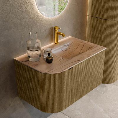 Badmeubel Mondiaz Kurve-Dlux | 75 cm | Meubelkleur Dusk | Wastafelkleur Arena | Solid surface | Wasbak rechter zijde spoelbak | 1 kraangat