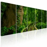 Schilderij - Onbekende paden in het bos , groen bruin , 5 luik - thumbnail