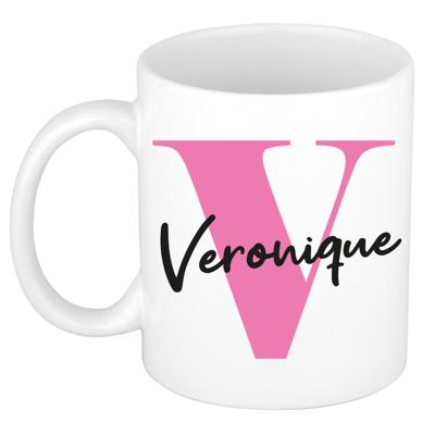 Naam mok Veronique - roze - wit - keramiek - 300 ml - verjaardag/cadeau beker