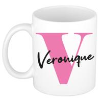 Naam mok Veronique - roze - wit - keramiek - 300 ml - verjaardag/cadeau beker