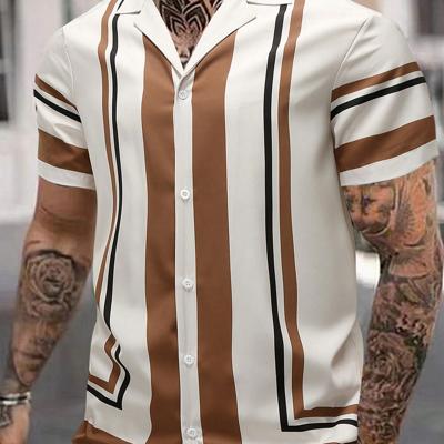 Bon&Bon Men's Striped Colorblock Short Sleeve Casual Button Down Shirt Beige / XXL