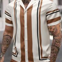 Bon&Bon Men's Striped Colorblock Short Sleeve Casual Button Down Shirt Beige / XXL